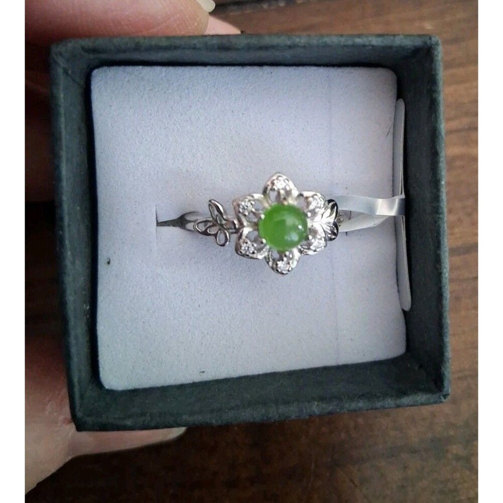 Green Jade Ring 925 Sterling Silver Natural Size 7 Adjustable NWT Butterfly